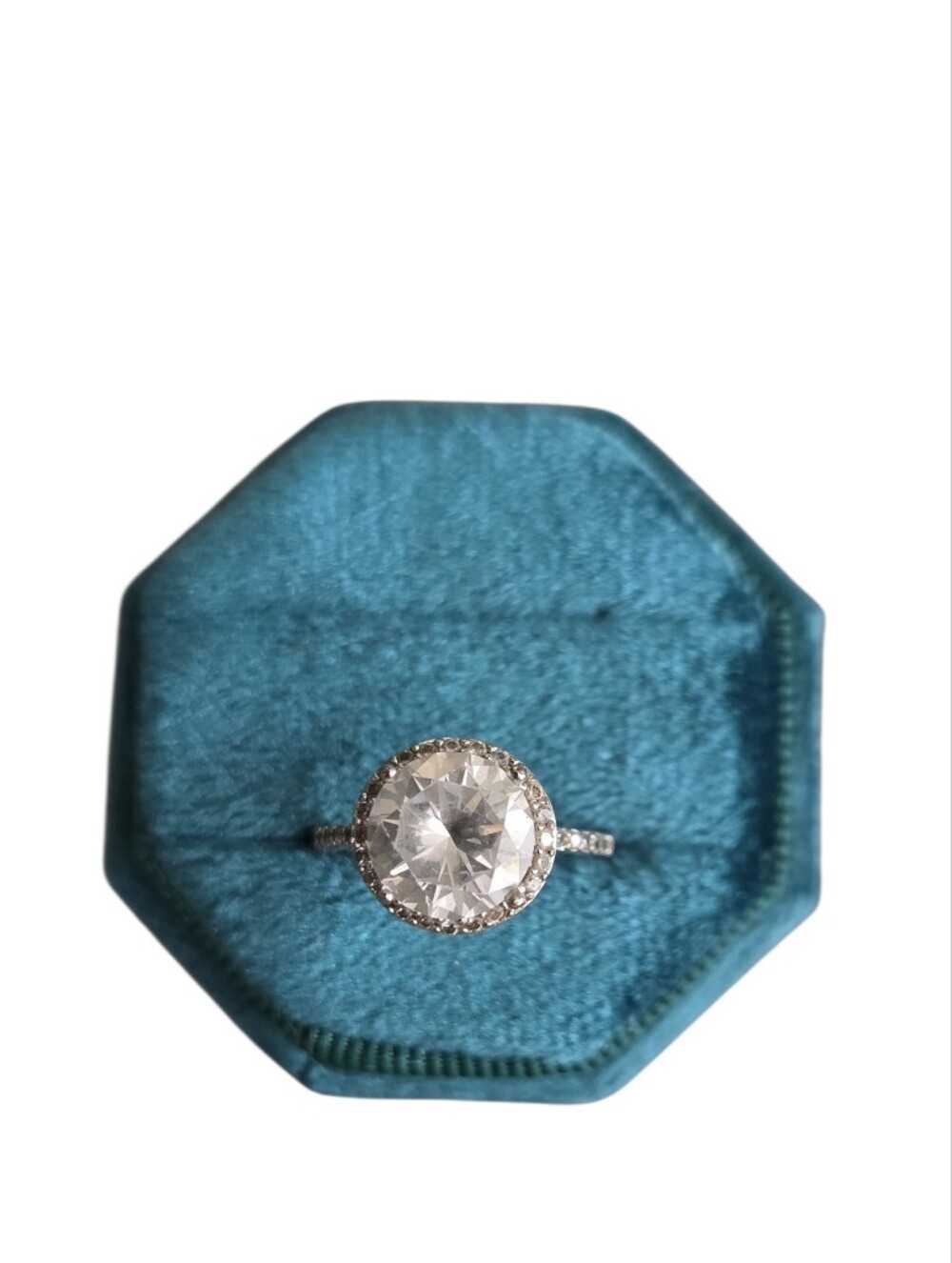 Size 6 Silver Toned Solitaire Halo Silver Engagement Ring with Clear Center